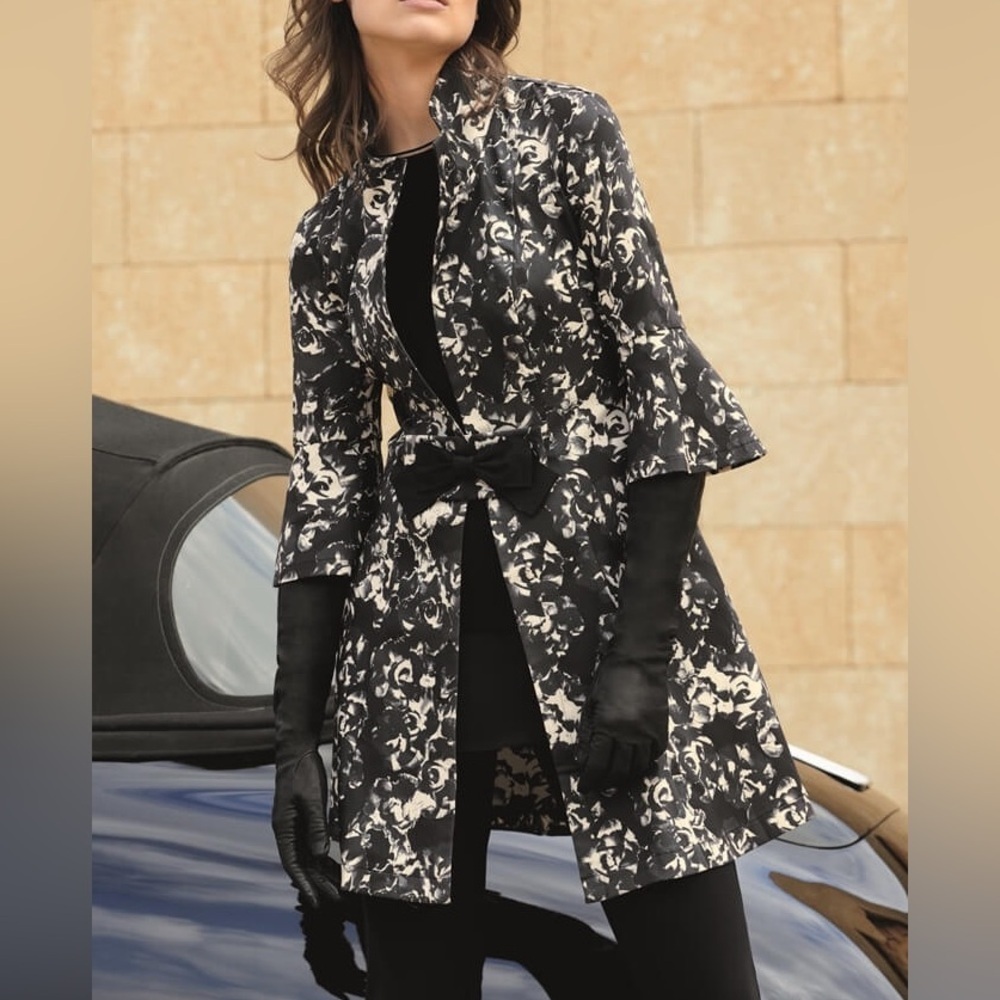 [US4]Joseph Ribkoff Black Cream Bow One Butter Cotton Trench Coat Floral Print
